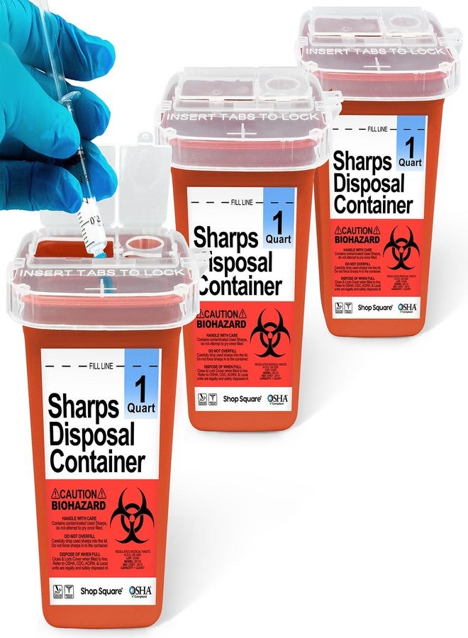 Shop Square Sharps Containers for Home Use - 1 Quart (3-Pack) Biohazard Syringe and Needle Disposal Containers - Small Sharps Box for Travel and Professional Use - Image 1